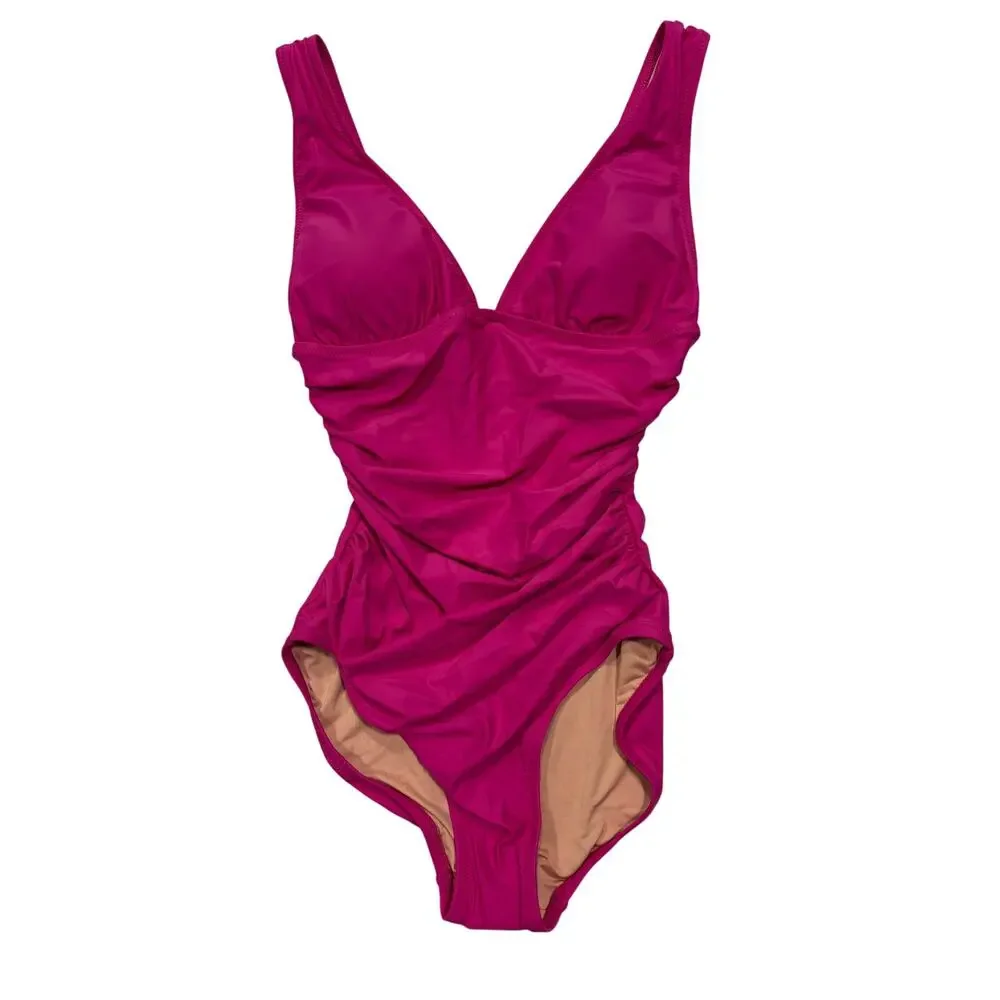 NWT J. Crew One Piece Swimsuit, Ruched Deep V-neck, Hot Pink, Sz 10 - Picture 2 of 6
